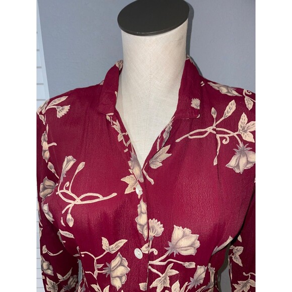 Passports Pier Imports Vintage Floral Midi Shirt Dress size S Belted Burgundy - Picture 3 of 10
